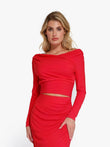 Red ribbed modal off-shoulder slimming crop top, long sleeve, draped neckline