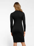Redtag thermal shapewear long sleeve mock neck midi dress, black, back view.