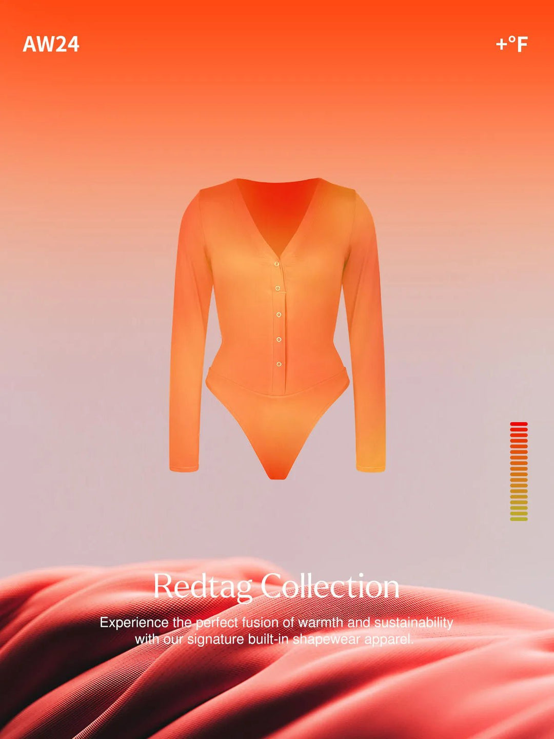 Redtag Thermal Shapewear Long Sleeve Tummy Control Bodysuit in vibrant orange with V-neck and button front.