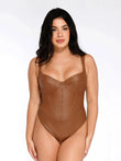 Brown faux leather corset bodysuit with wide straps and bust shaping.