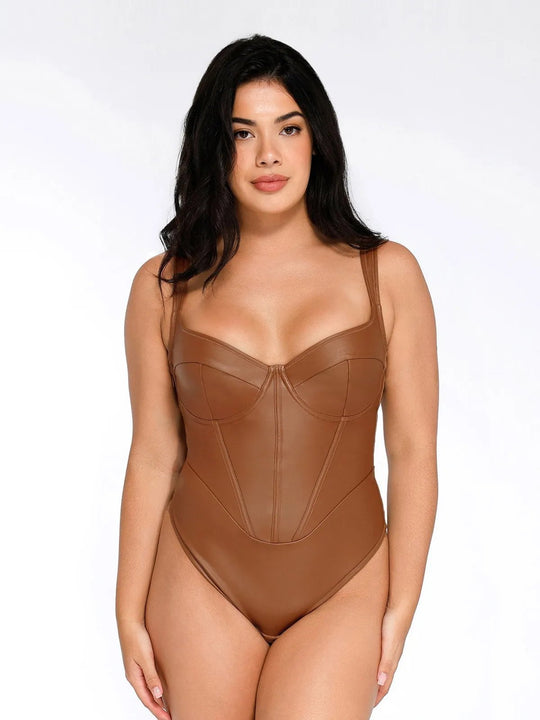 Brown faux leather corset bodysuit with wide straps and bust shaping.