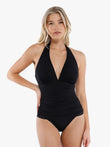 Popilush® shapewear halter swimsuit in black with tummy control and flattering design, built-in.
