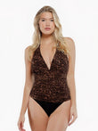 Leopard print halter tummy control one piece swimsuit with ruching