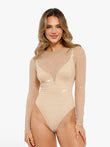 Slimming bodysuit: Sheer long-sleeve crystal mesh with scattered rhinestones.