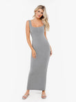 Grey modal shapewear maxi dress with slimming fit, lace trim, and square henley neckline.