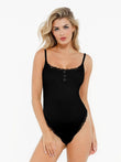 Black lace trim bodysuit, Popilush®, on a woman, seamless look.