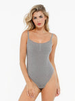 Grey modal ribbed henley bodysuit with lace trim and button detail