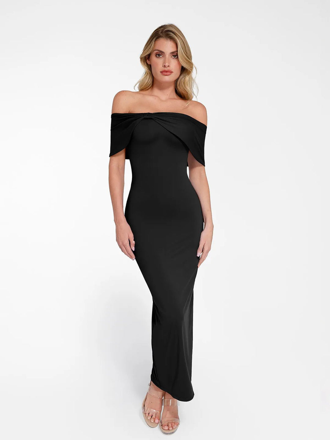 Popilush® black off-the-shoulder maxi dress for elegant look, perfect fit.