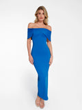Popilush® off-the-shoulder blue maxi dress, all-in-one shapewear