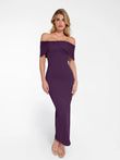 Shapewear off-the-shoulder slim column maxi dress in regal purple with draped bow detail.
