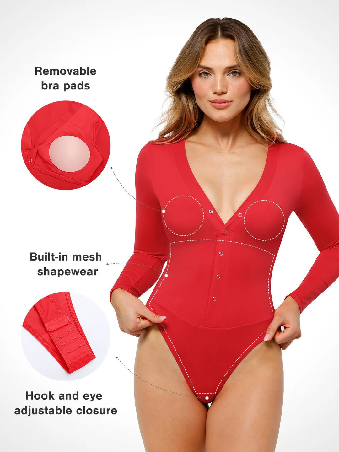 Red long-sleeve thermal shapewear bodysuit with deep V-neck, button front, and built-in tummy control.