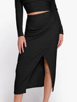 Black midi skirt with shapewear design by Popilush®, featuring side slit