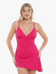 Pink ruched convertible one-piece swimsuit with V-neck and skirted hem
