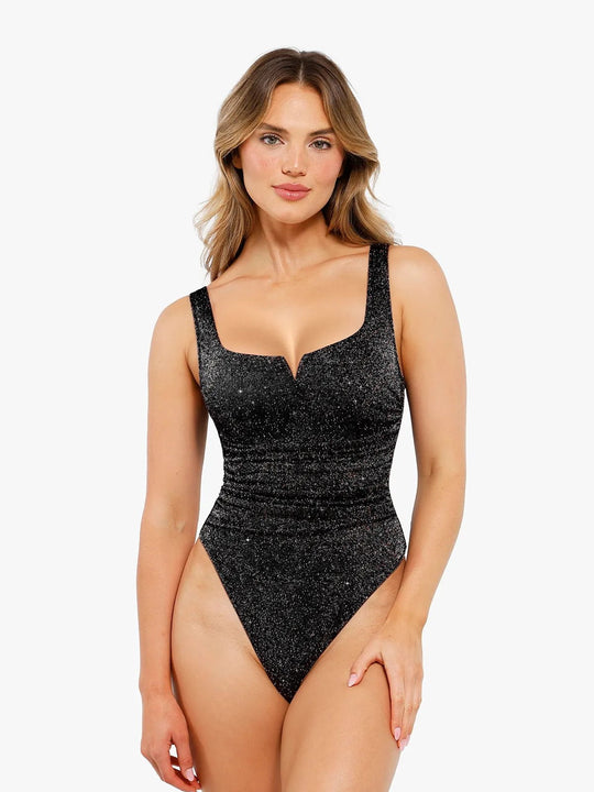 Shapewear metallic bodysuit with square neck by Popilush®, flattering design.