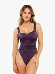 Purple metallic knit ruched square neck slimming bodysuit