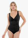 Black ruched swimsuit, twist front design by Popilush® for women