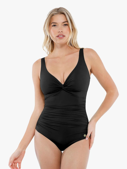 Black ruched swimsuit, twist front design by Popilush® for women
