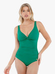 Popilush®'s green swimsuit: Twist front, sculpting, ruched design, confident style