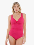 Pink one-piece swimsuit with twist front and ruched tummy control