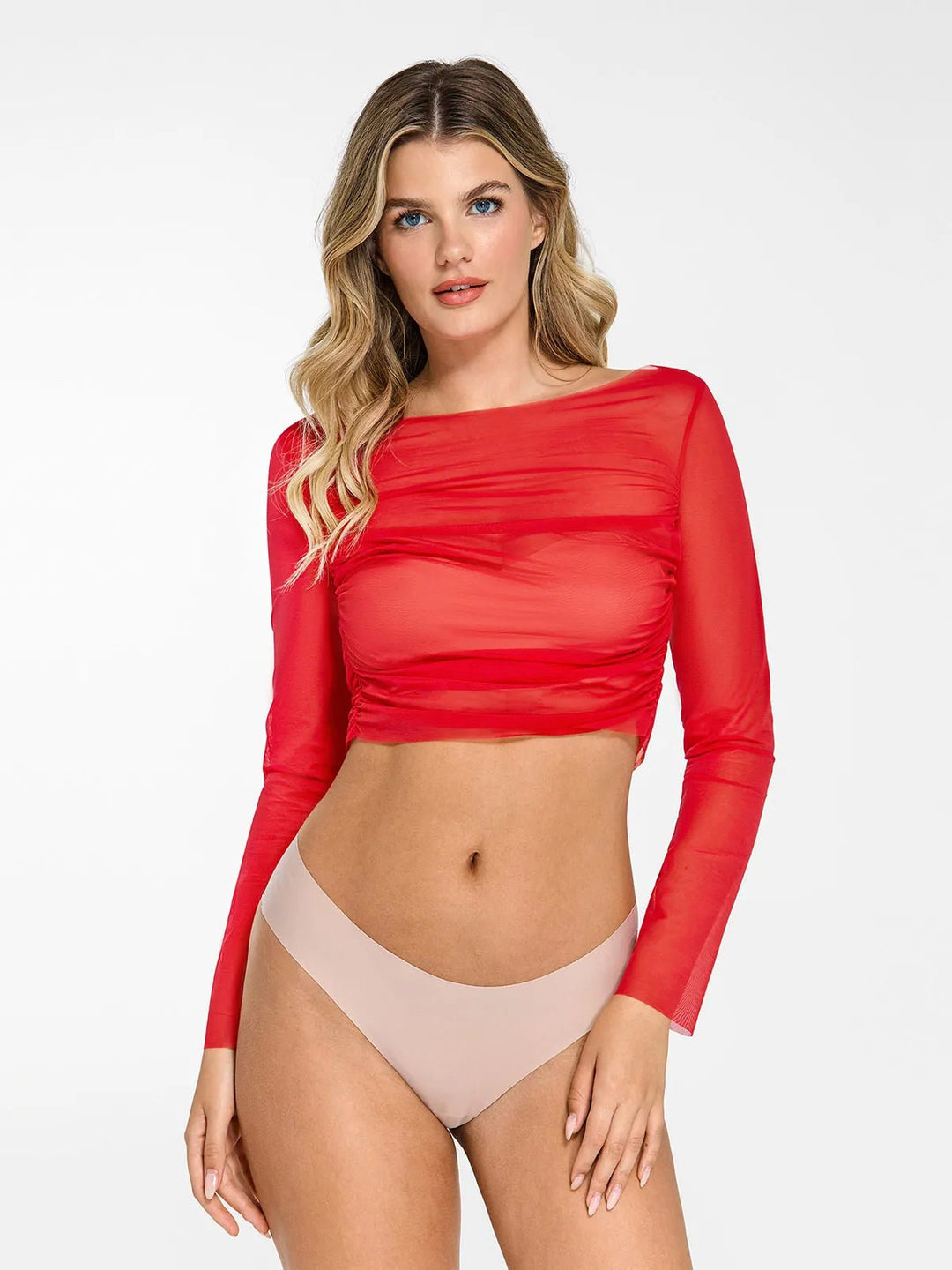 Popilush Long Sleeve Ruched Sheer Mesh Crop Top Red L Shirt Outerwear for Women