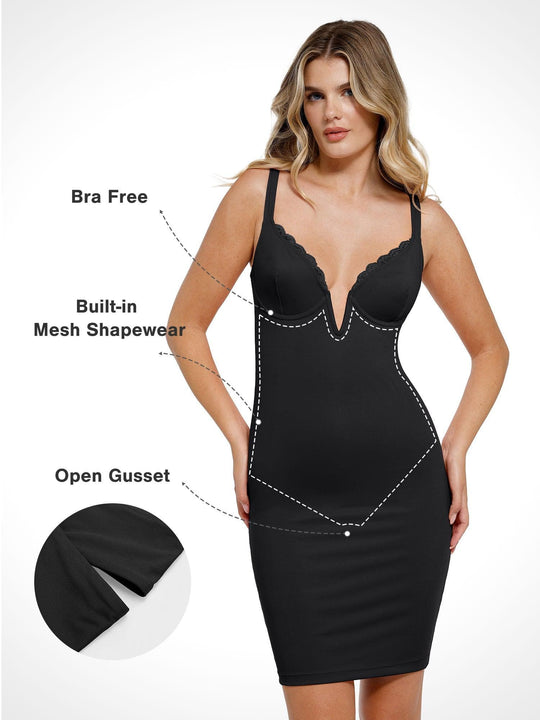 Shapewear Deep V-Neck Lace Trim Bodycon Mini Dress