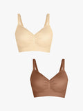 Popilush® Supportive No Underwire Bra Beige + Brown / S 2-Pack Seamless Comfort Removable Pad Everyday Bra Bundle