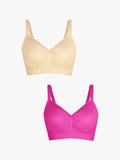 Popilush® Supportive No Underwire Bra Beige + Pink / S 2-Pack Seamless Comfort Removable Pad Everyday Bra Bundle