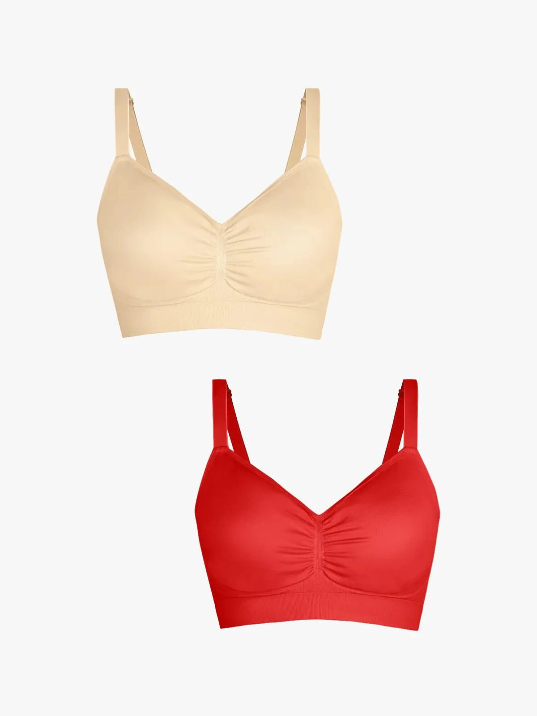 Popilush® Supportive No Underwire Bra Beige + Red / S 2-Pack Seamless Comfort Removable Pad Everyday Bra Bundle