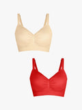 Popilush® Supportive No Underwire Bra Beige + Red / S 2-Pack Seamless Comfort Removable Pad Everyday Bra Bundle