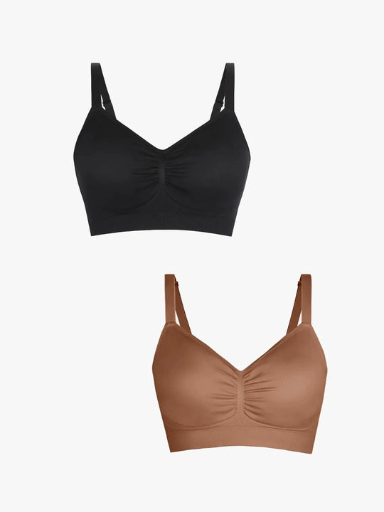 Popilush® Supportive No Underwire Bra Black + Brown / S 2-Pack Seamless Comfort Removable Pad Everyday Bra Bundle
