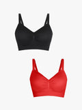 Popilush® Supportive No Underwire Bra Black + Red / S 2-Pack Seamless Comfort Removable Pad Everyday Bra Bundle