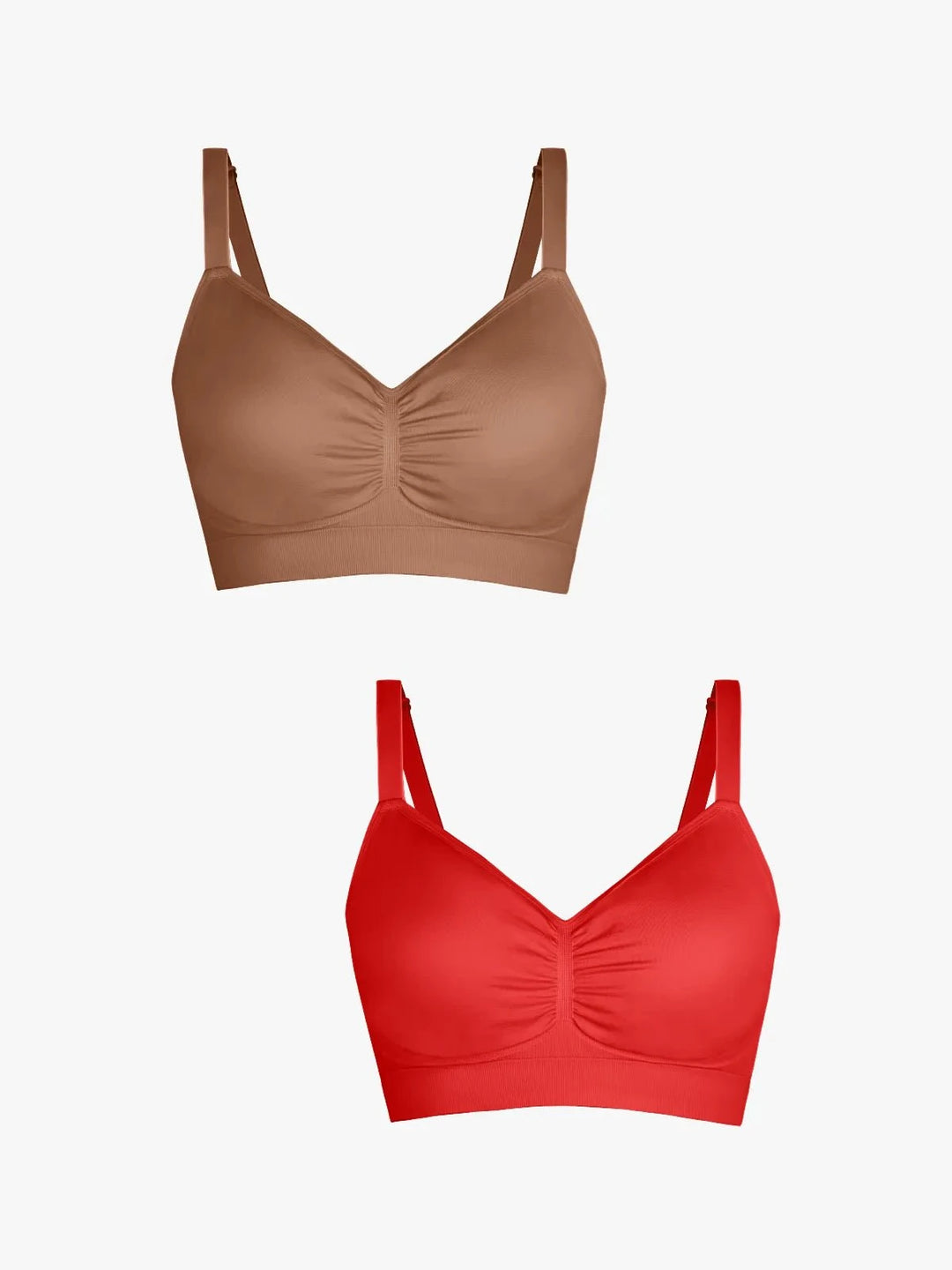 Popilush® Supportive No Underwire Bra Brown + Red / S 2-Pack Seamless Comfort Removable Pad Everyday Bra Bundle