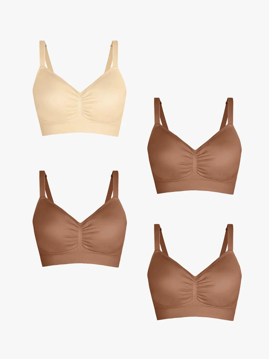 Popilush® Supportive No Underwire Bra Beige + Brown + Brown + Brown / S 4-Pack Seamless Comfort Removable Pad Everyday Bra Bundle