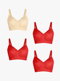 Popilush® Supportive No Underwire Bra Beige + Red+ Red + Red / S 4-Pack Seamless Comfort Removable Pad Everyday Bra Bundle