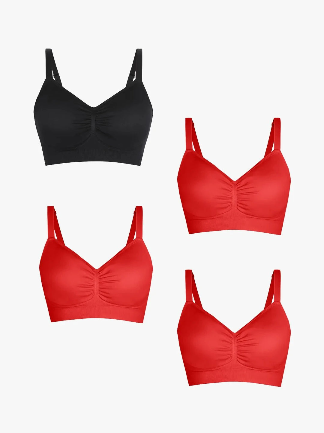 Popilush® Supportive No Underwire Bra Black + Red + Red + Red / S 4-Pack Seamless Comfort Removable Pad Everyday Bra Bundle