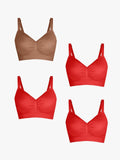 Popilush® Supportive No Underwire Bra Brown + Red + Red + Red / S 4-Pack Seamless Comfort Removable Pad Everyday Bra Bundle