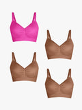 Popilush® Supportive No Underwire Bra Pink + Brown + Brown + Brown / S 4-Pack Seamless Comfort Removable Pad Everyday Bra Bundle