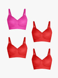 Popilush® Supportive No Underwire Bra Pink + Red + Red + Red / S 4-Pack Seamless Comfort Removable Pad Everyday Bra Bundle
