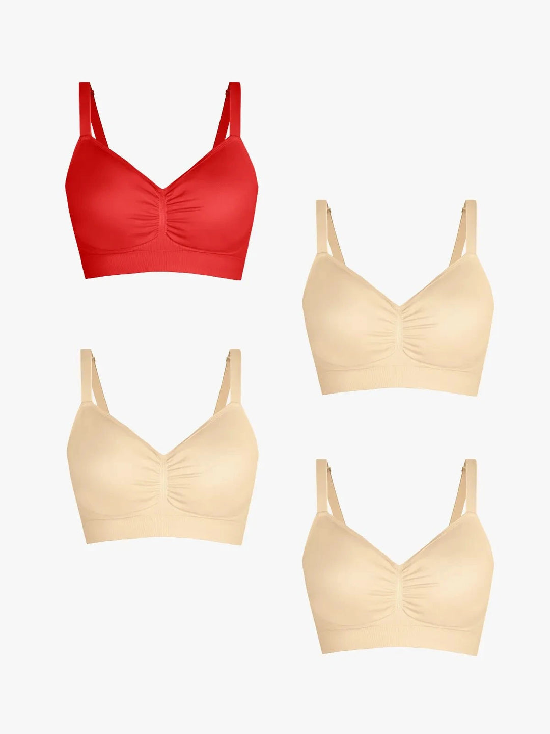 Popilush® Supportive No Underwire Bra Red + Beige + Beige + Beige / S 4-Pack Seamless Comfort Removable Pad Everyday Bra Bundle