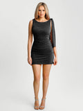 Popilush® Asymmetric Shoulder Tie Ruched Sculpting Midi Dress