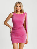 Popilush® Asymmetric Shoulder Tie Ruched Sculpting Midi Dress