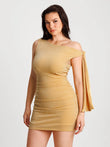 Popilush® Asymmetric Shoulder Tie Ruched Sculpting Midi Dress