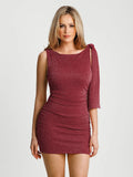 Popilush® Asymmetric Shoulder Tie Ruched Sculpting Midi Dress