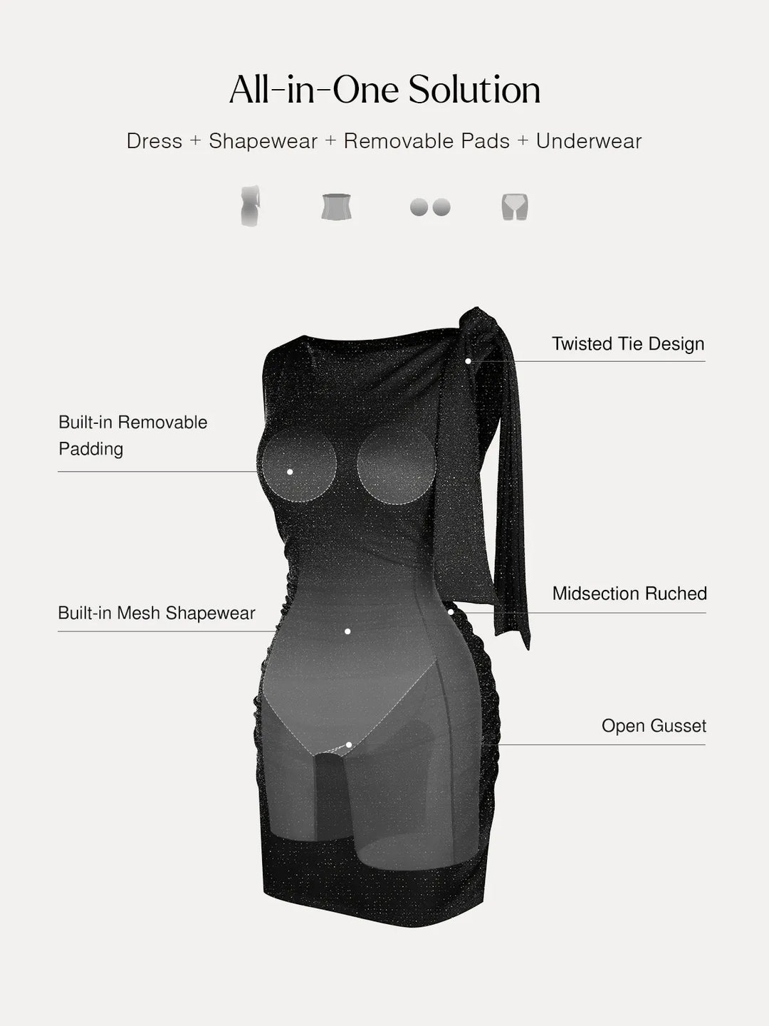 Popilush® Asymmetric Shoulder Tie Ruched Sculpting Midi Dress