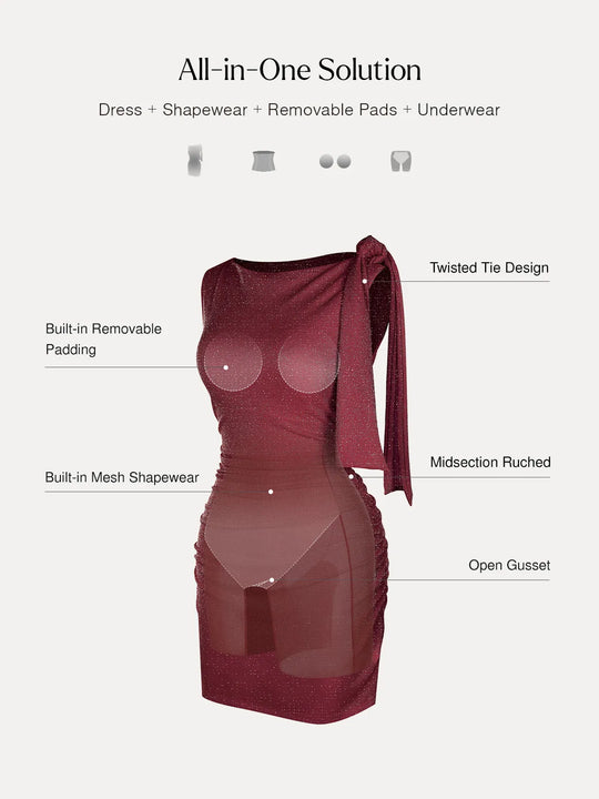 Popilush® Asymmetric Shoulder Tie Ruched Sculpting Midi Dress