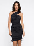 Bluetag black cooling shapewear one-shoulder ruched bodycon midi dress with side drawstring.