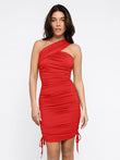 Bluetag Cooling Shapewear one-shoulder ruched red midi bodycon dress with adjustable side ties.