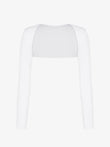 Cropped white shrug by Popilush®. Provides stylish arm coverage.