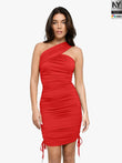 Red Bluetag cooling one-shoulder ruched bodycon midi dress with adjustable drawstring sides.