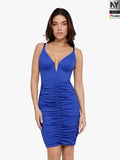 Popilush® Cooling Slip Party Cocktail Evening Summer Dress Blue / XS Bluetag Shapewear Plunging V Ruched Bodycon Mini Dress